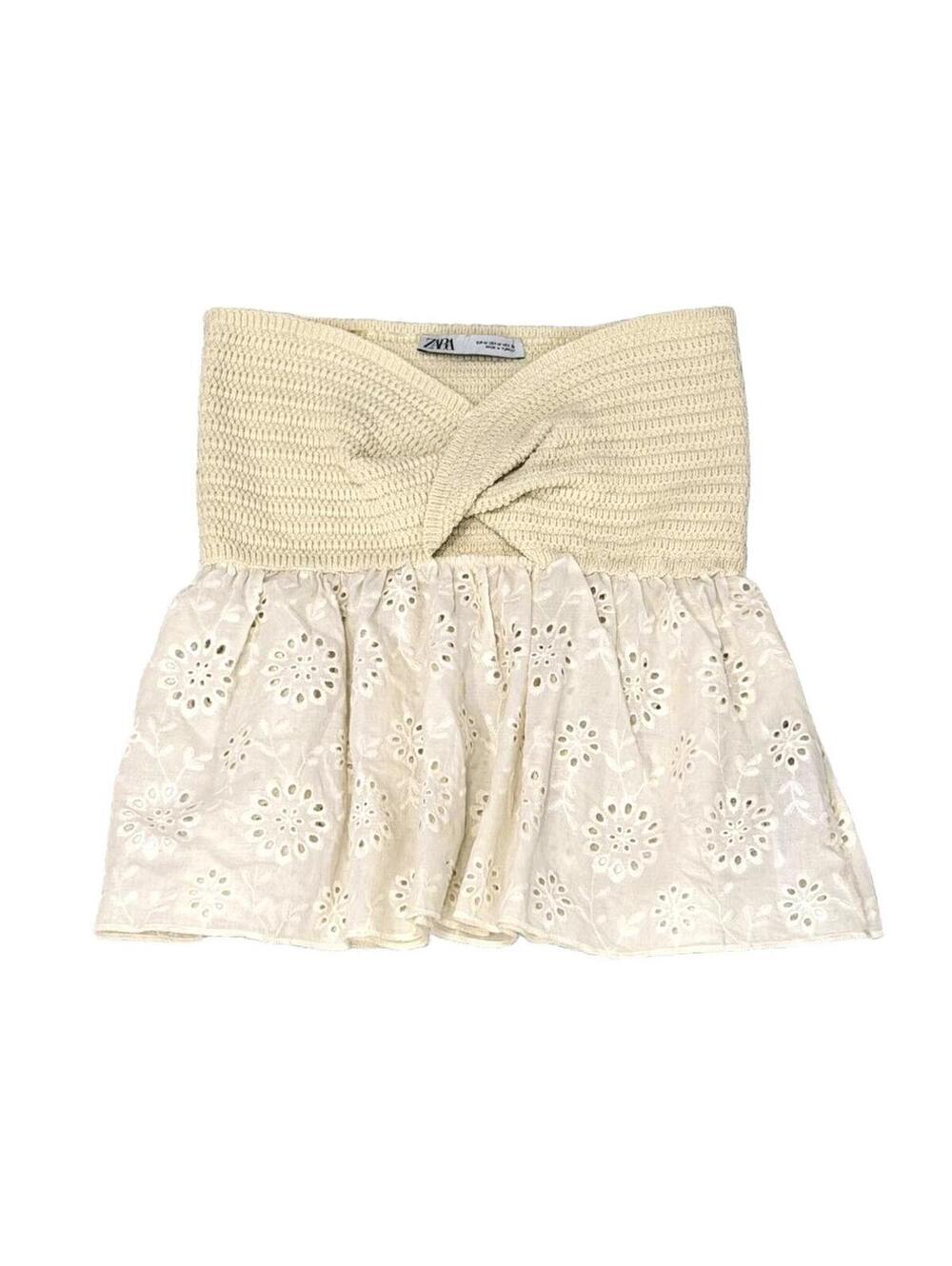 ZARA Knit Crochet & Eyelet Lace Twist Front Tube Top Cream Women's Medium